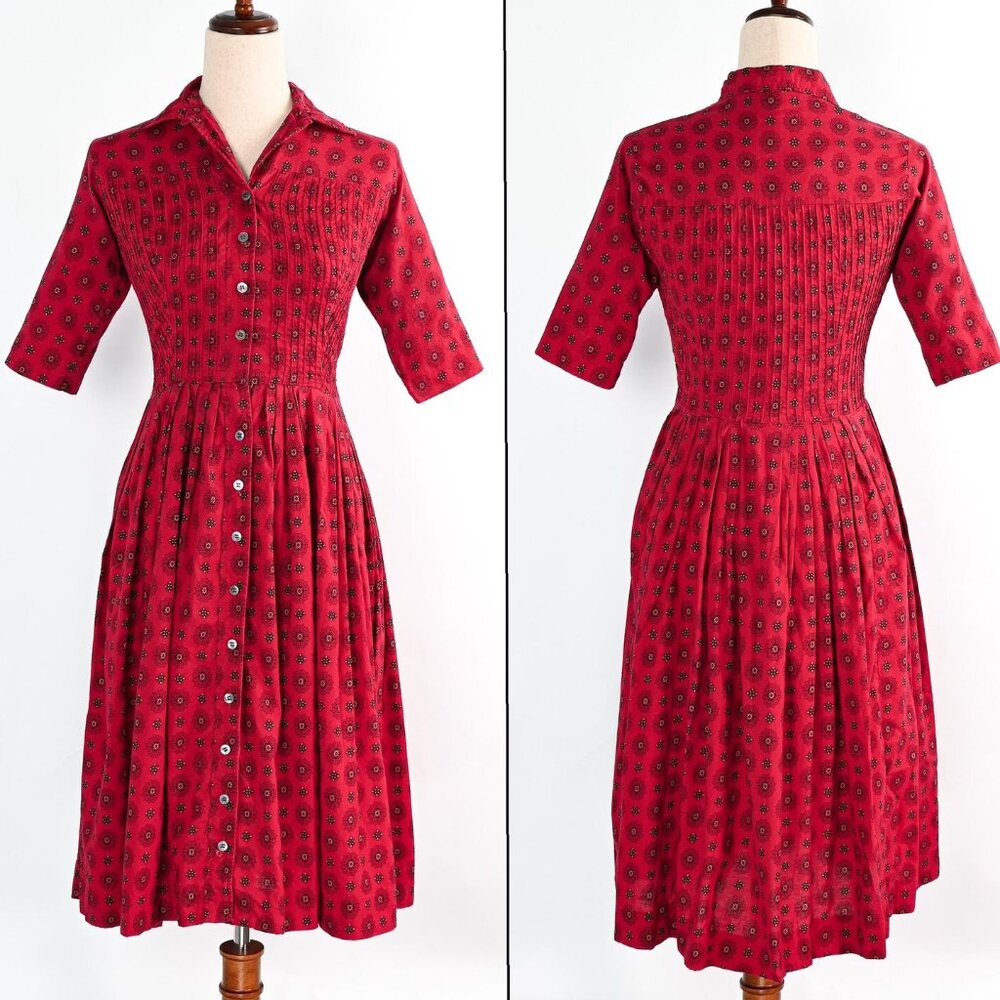 Vintage 50s Jonathan Logan Red Geometric Button Up Prairie Dress w/ 3/4 Sleeves